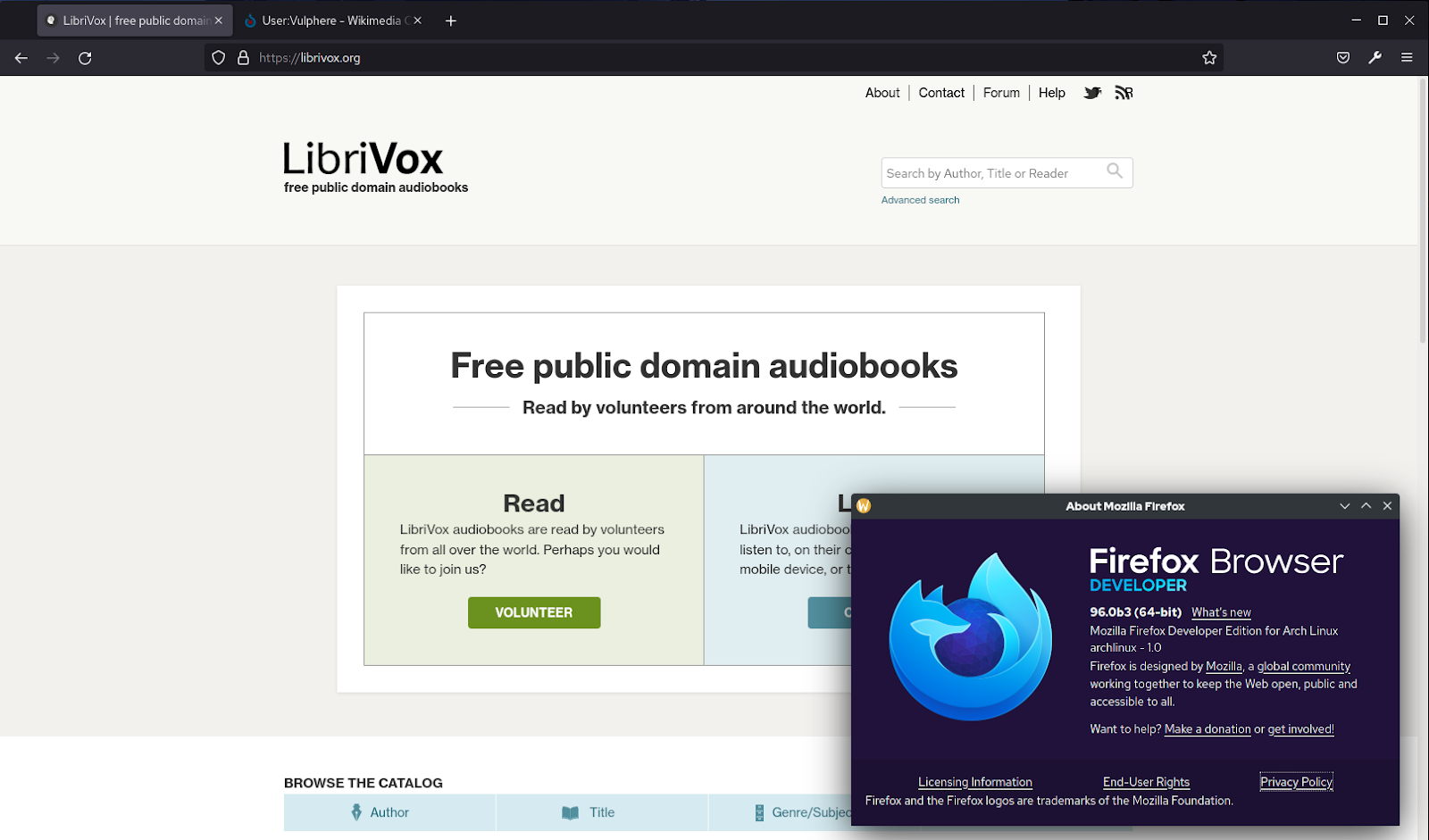 A screenshot of the LibriVox home page for free public domain audiobooks. A pop-up for the Mozilla Firefox browser is in the bottom right corner.