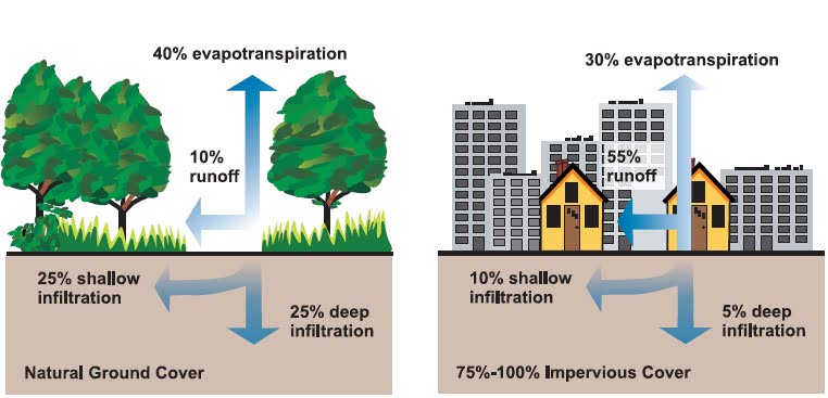 A diagram comparing natural and impervious cover for water runoff, evapotranspiration, and shallow and deep ground infiltration.